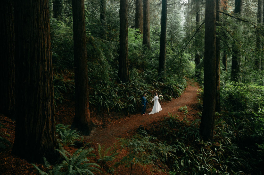 Couple walking through the Redwoods in Oregon after their Elopement 