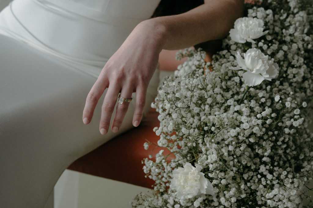 Lane and Kate engagement ring and Fielden Fluer flowers for editorial bridal 