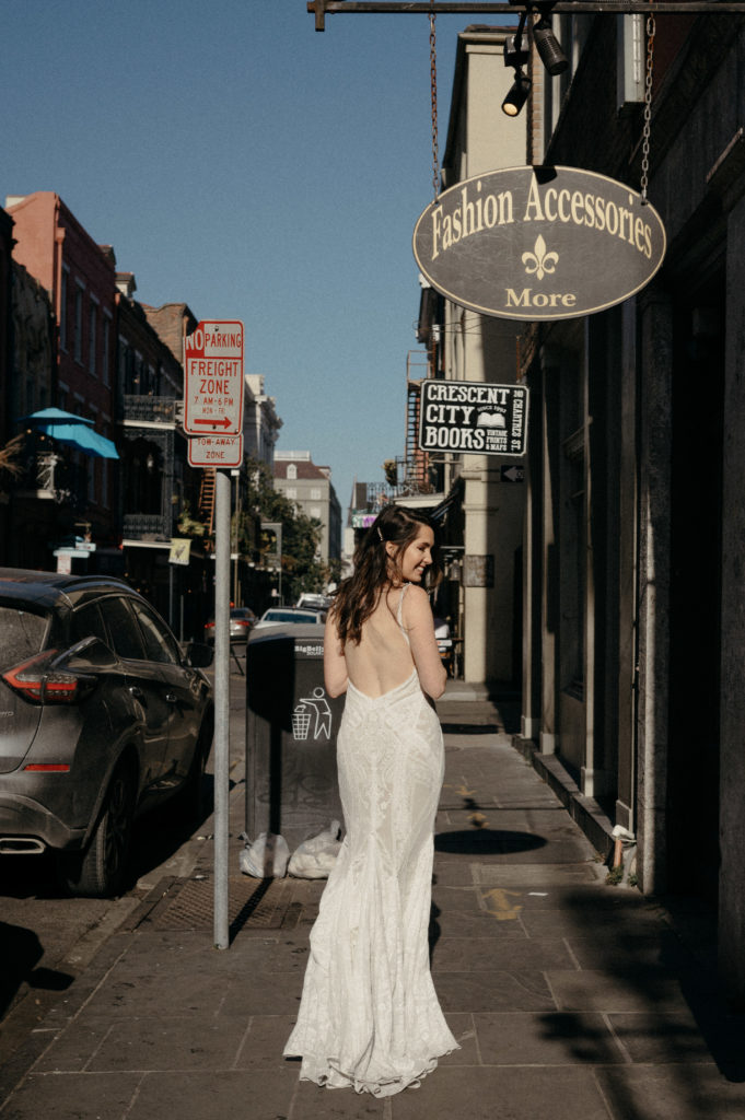 Bride walking through the streets in New Orleans 