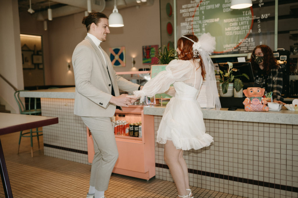 Vintage Elopement-style engagement session in a coffee shop in Nashville, TN 