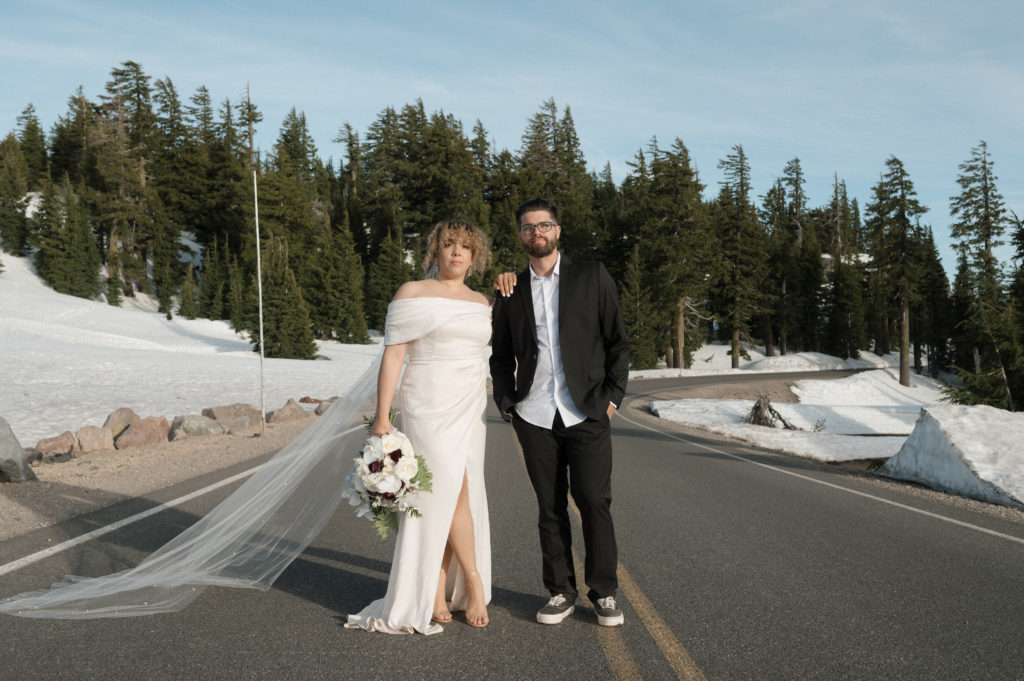 Bride and groom portraits after Oregon elopement. 