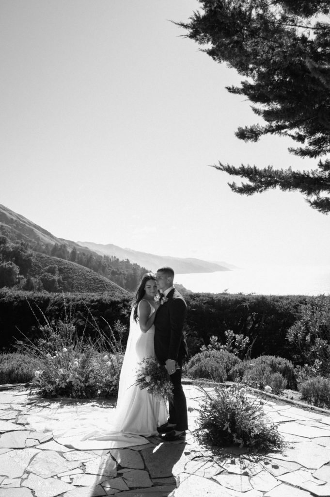 Black and white portrait of couple in Big Sur, California