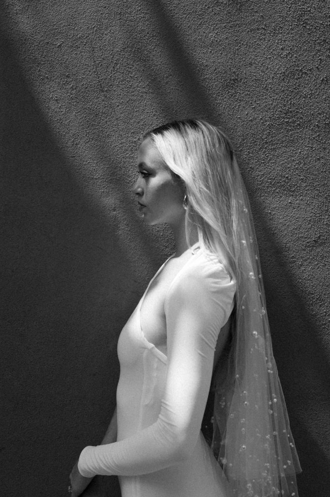 Editorial black and white portrait of a bride 