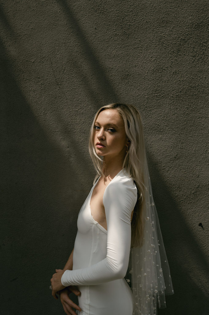Bridal portrait in New Orleans with harsh shadows 