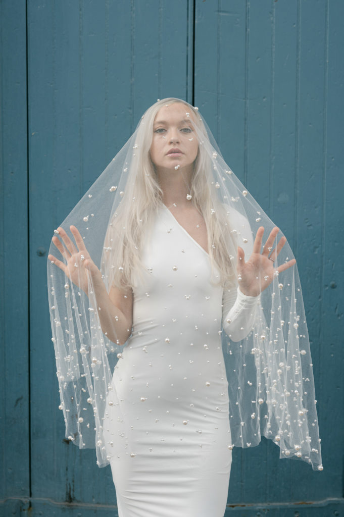 Modern bridal portrait with beaded veil