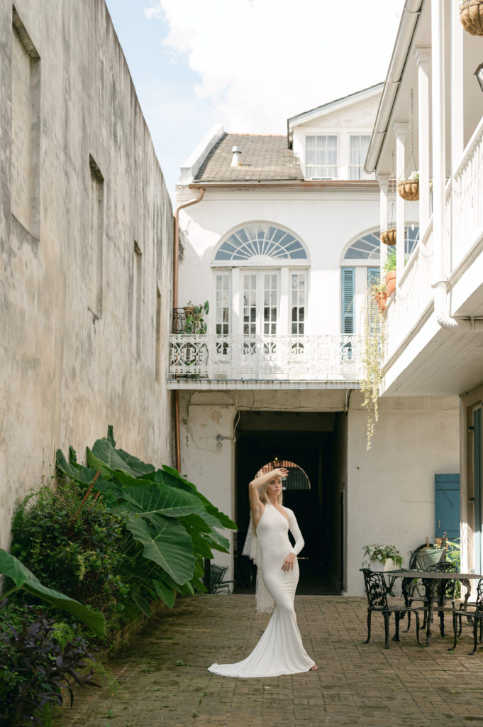 Editorial portrait of bride in the French Quarter in New Orleans 
