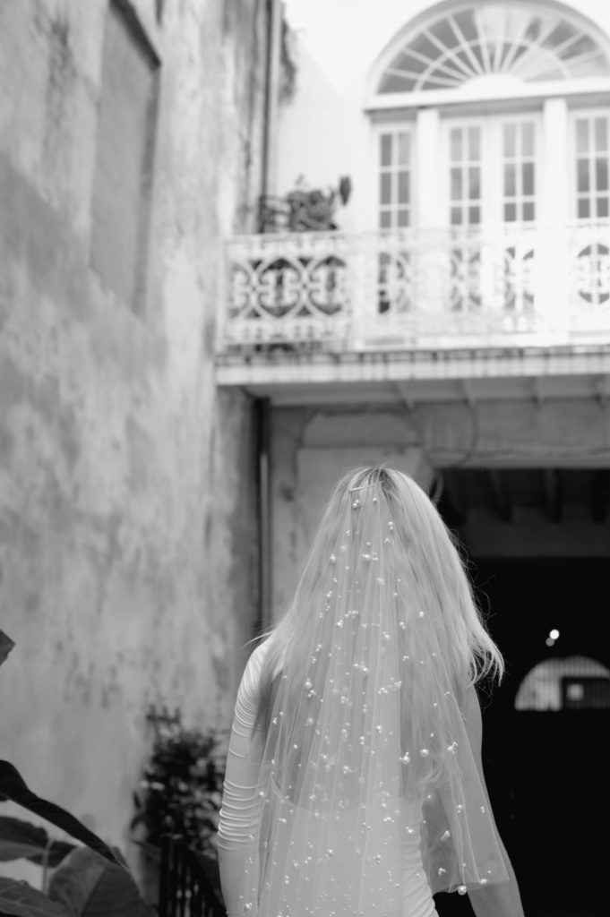 black and white portrait of beaded veil