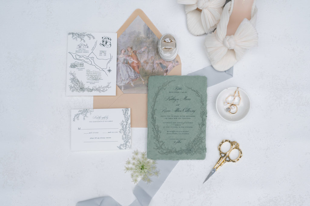 Luxury invitation flatlay for editorial wedding. 