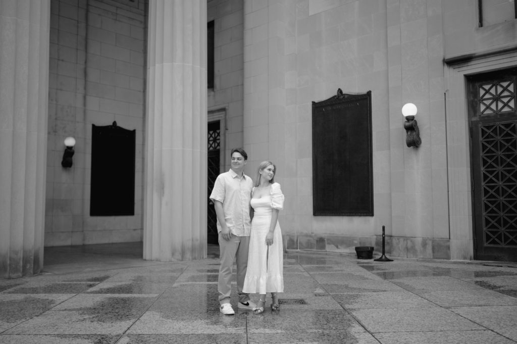 Black and white portrait of future bride and groom in Nashville 