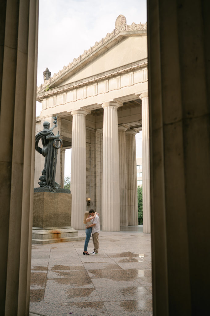 Couple embracing at the War Memorial Building in Nashville