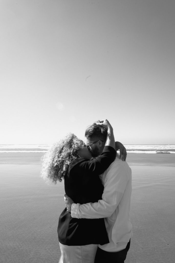 Cannon Beach, Oregon Coast Engagement photo in black and white 