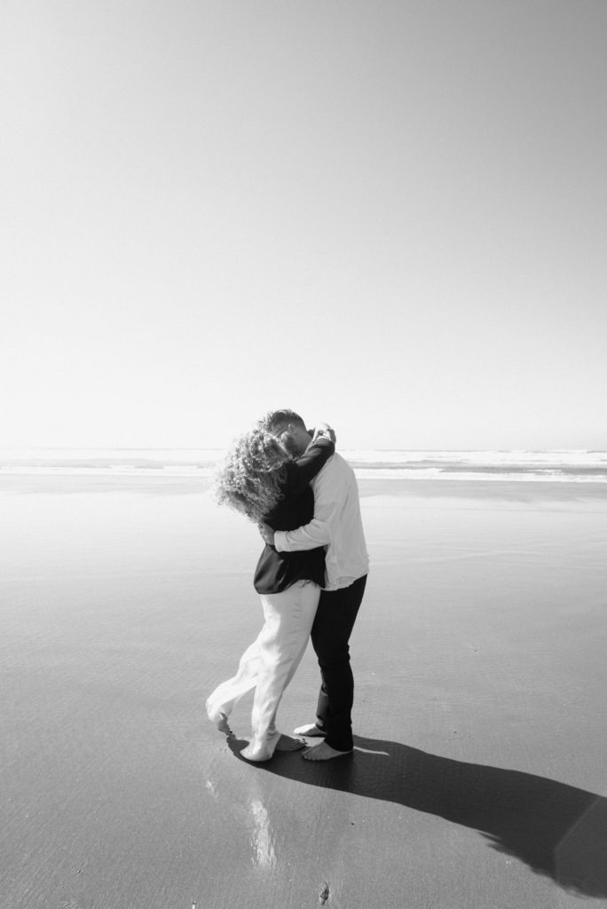 Cannon Beach, Oregon Engagement photo in black and white 