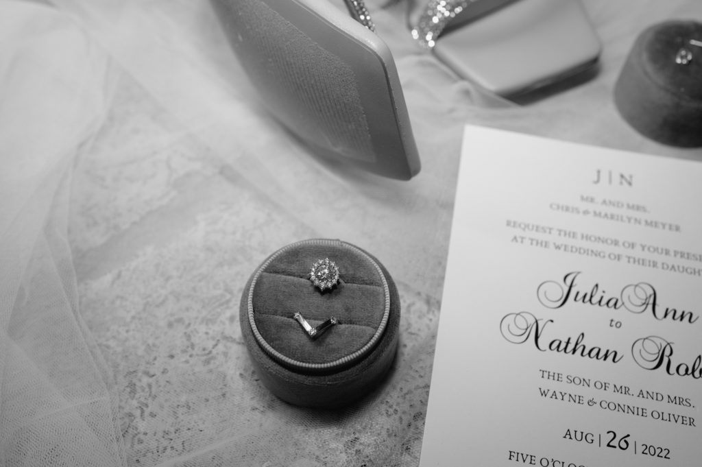 Detail shot of brides rings in black and white 