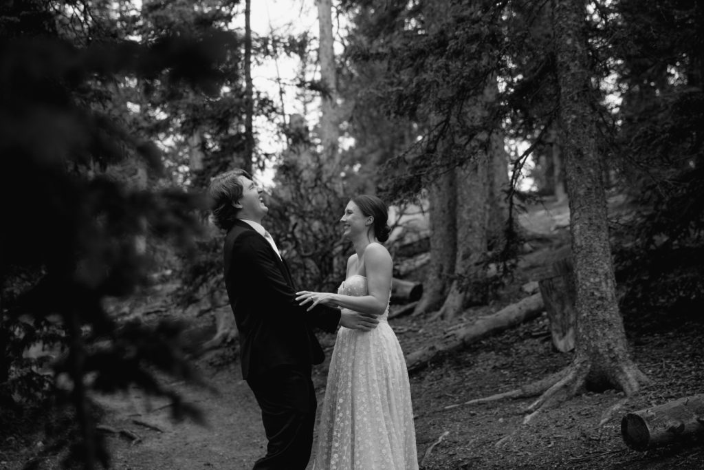 Wedding portrait in the forest in black and white 