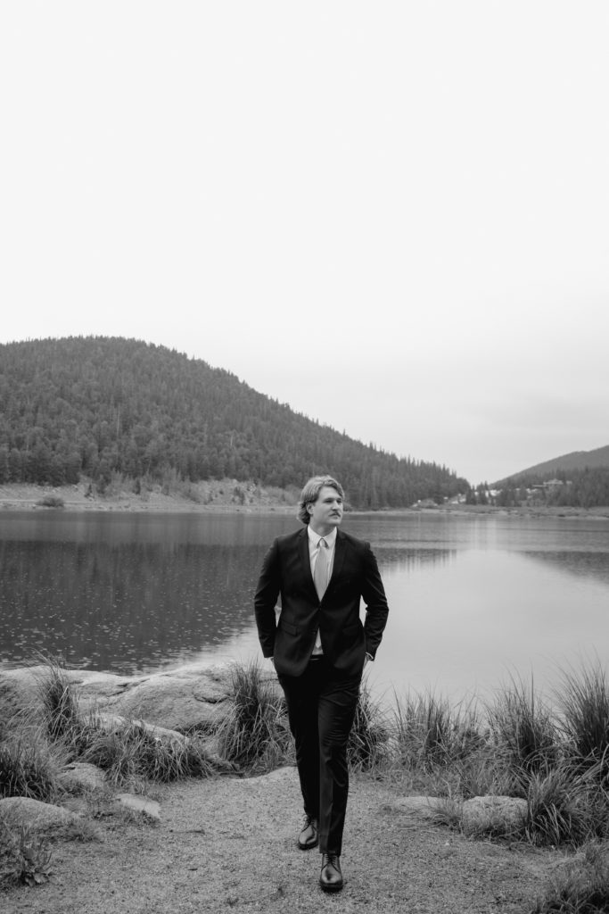 Grooms portrait at echo lake in Colorado in black and white 
