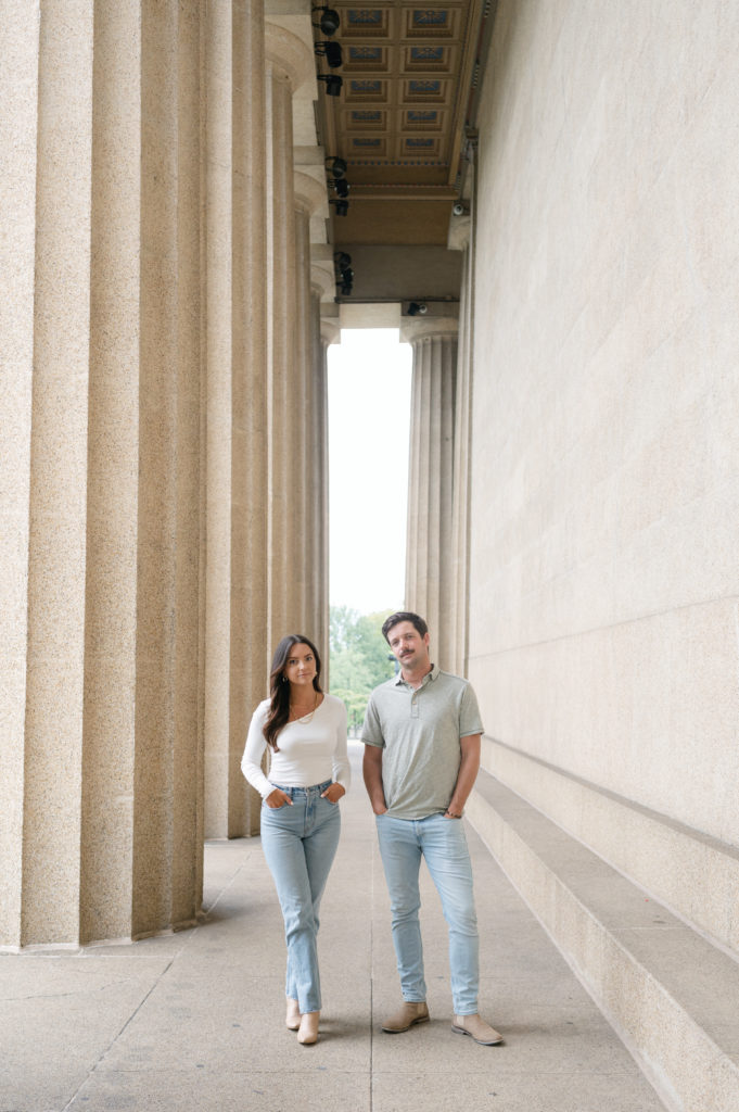 Couple posing at the Parthenon in Centennial Park in Nashville