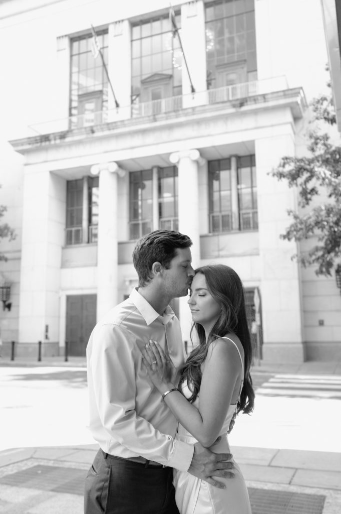 Couple standing in front of the public library in Nashville, Tennessee 