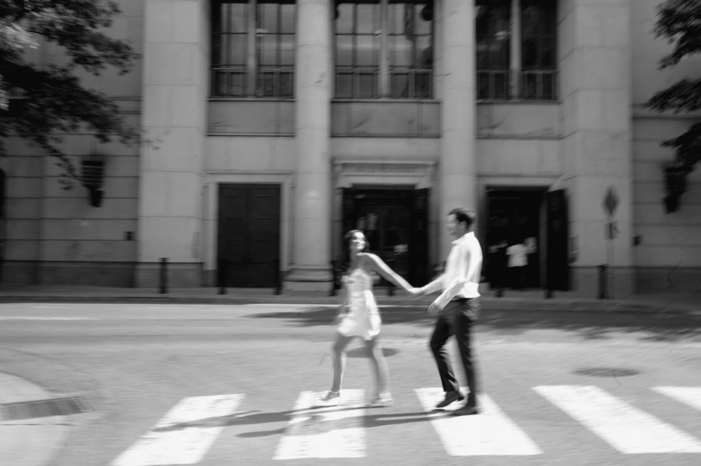 Black and white motion blur image of couple in downtown Nashville, Tennessee