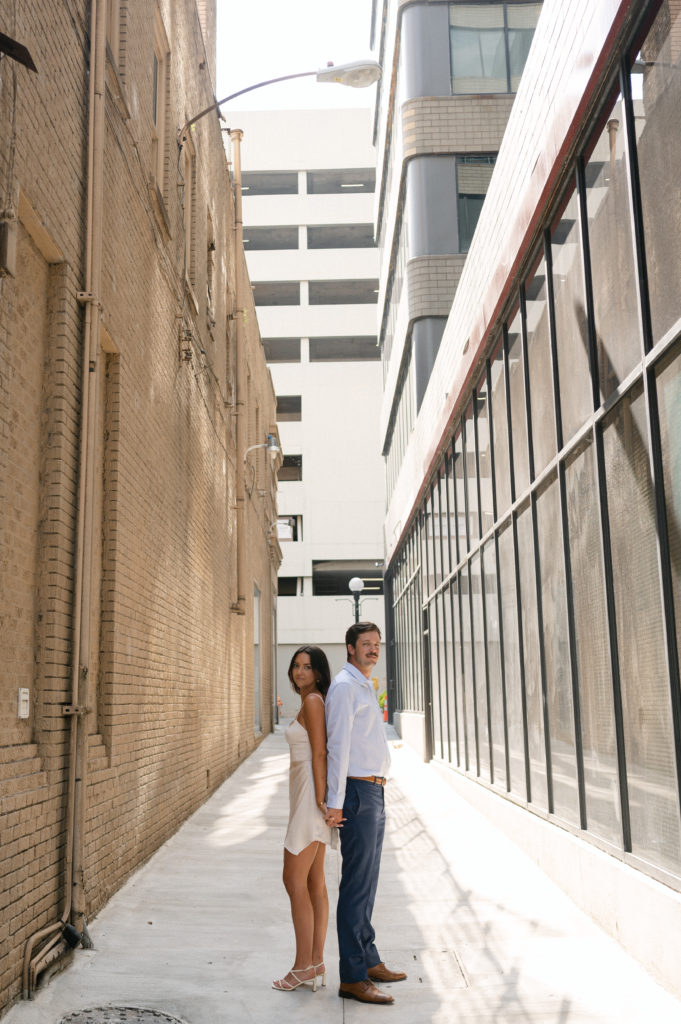 Editorial pose of couple in Nashville, Tennessee for engagement photos 