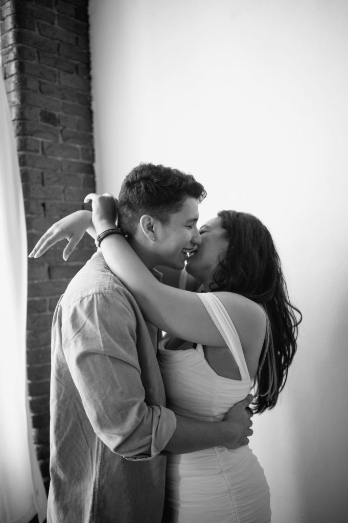 Black and white Editorial Nashville Engagement session in a studio 