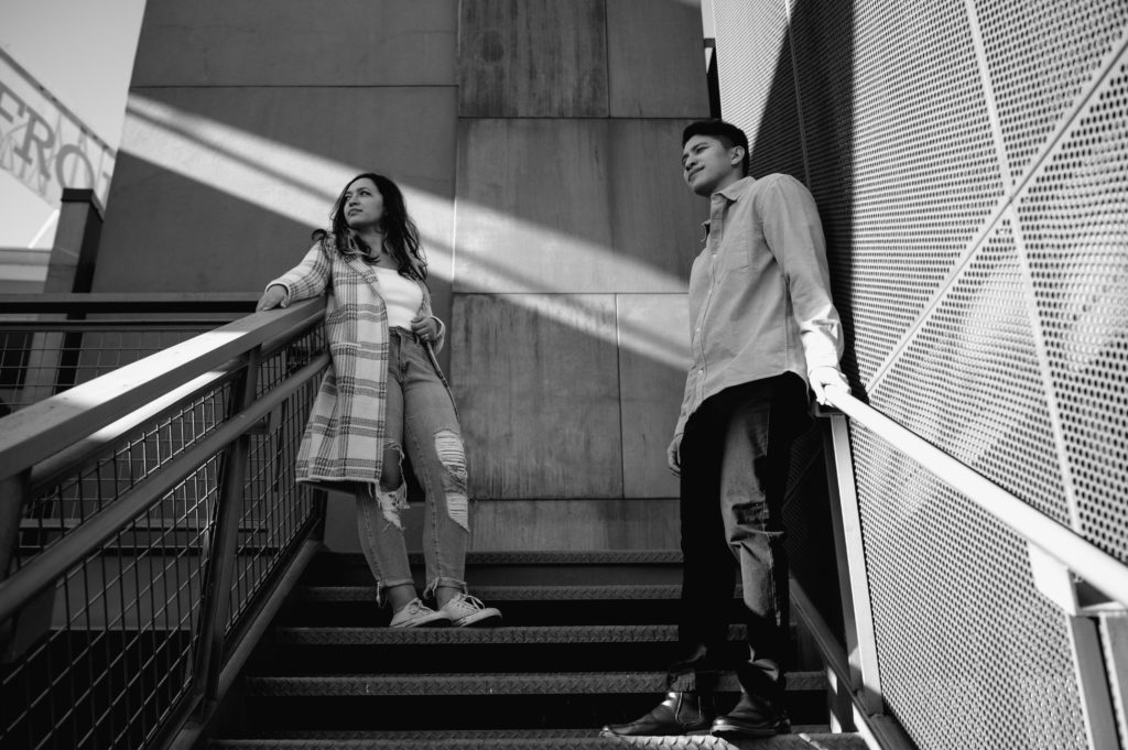 Black and white editorial engagement session on the walking bridge in Nashville 