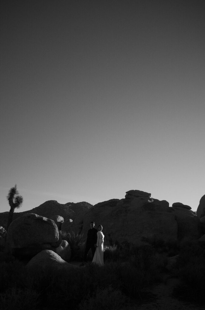 Black and white portrait of couple in Joshua Tree National Park 