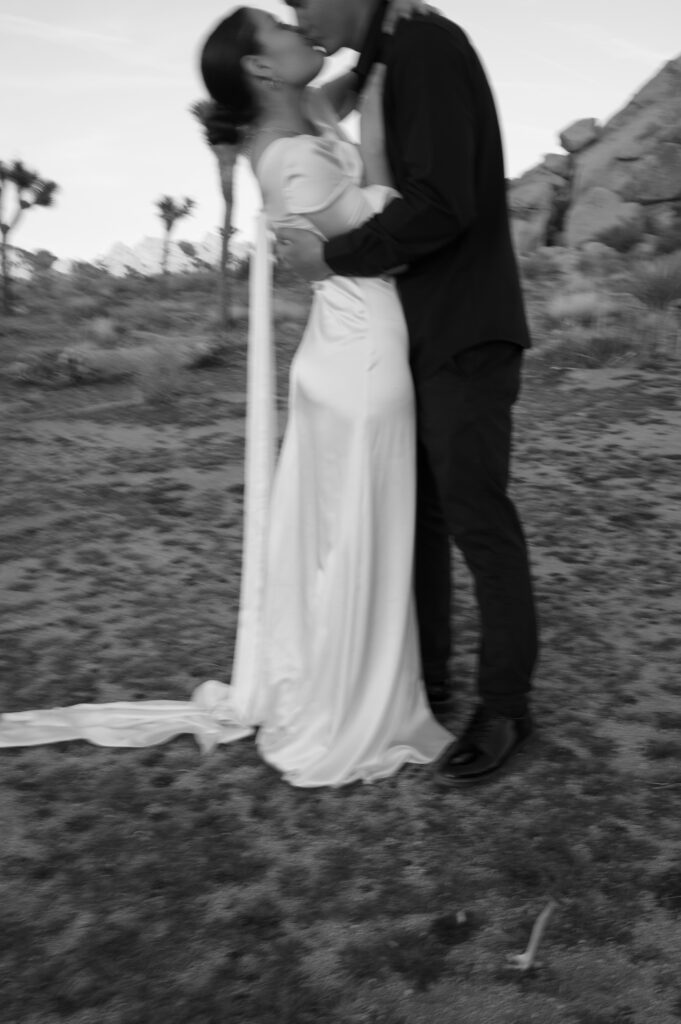 Motion blur portrait of couple kissing in Joshua Tree National Park 