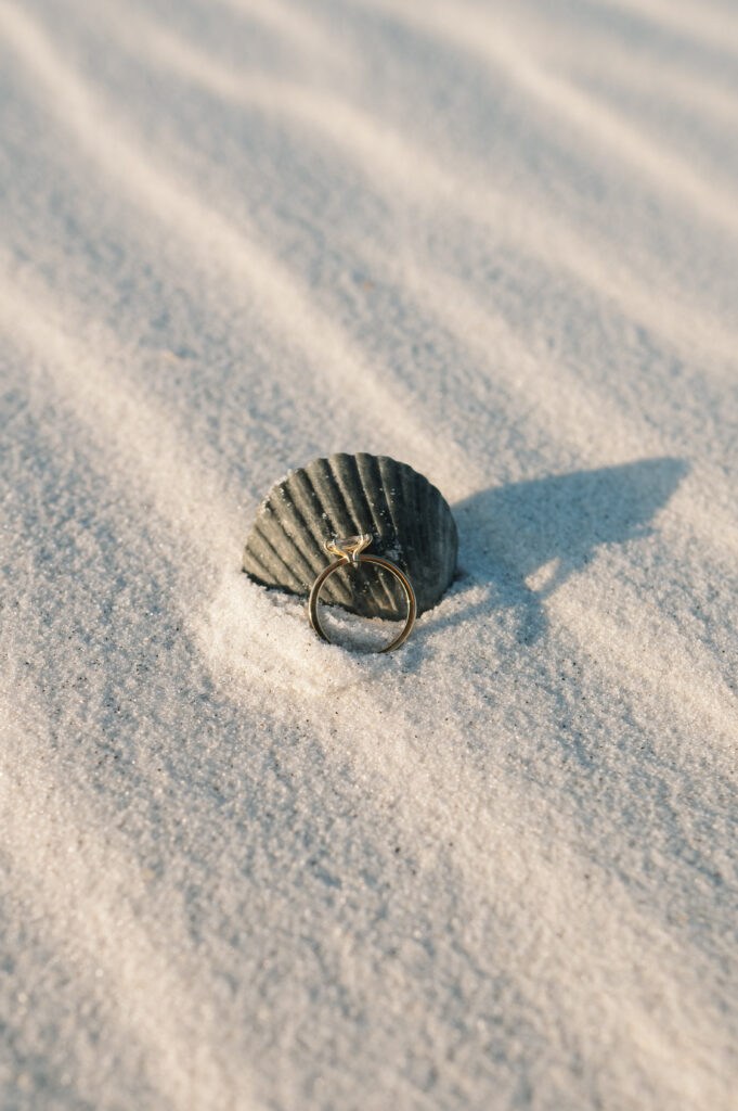 Detail photo of engagement ring on a seashell in the sand in Florida 