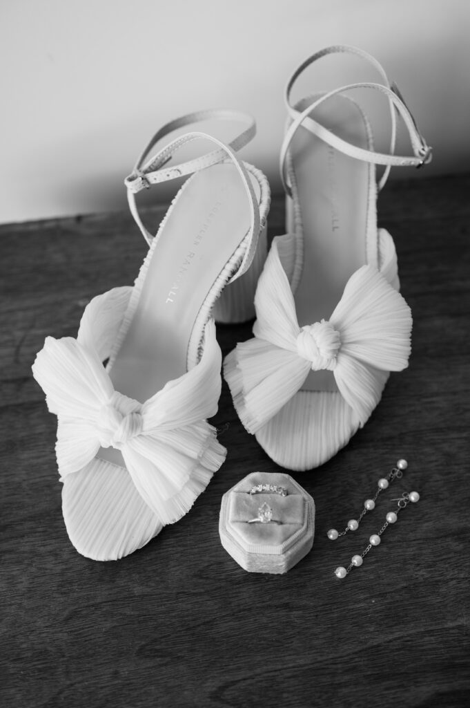 Black and white detail shot of brides Loeffler Randall Shoes
