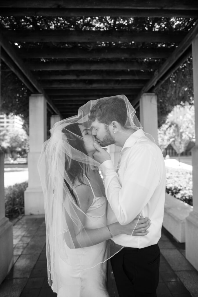 Black and white photo of bride and groom kissing under veil 