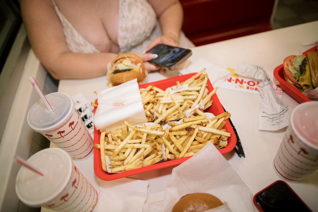 Bride and groom at In-N-Out in southern California 