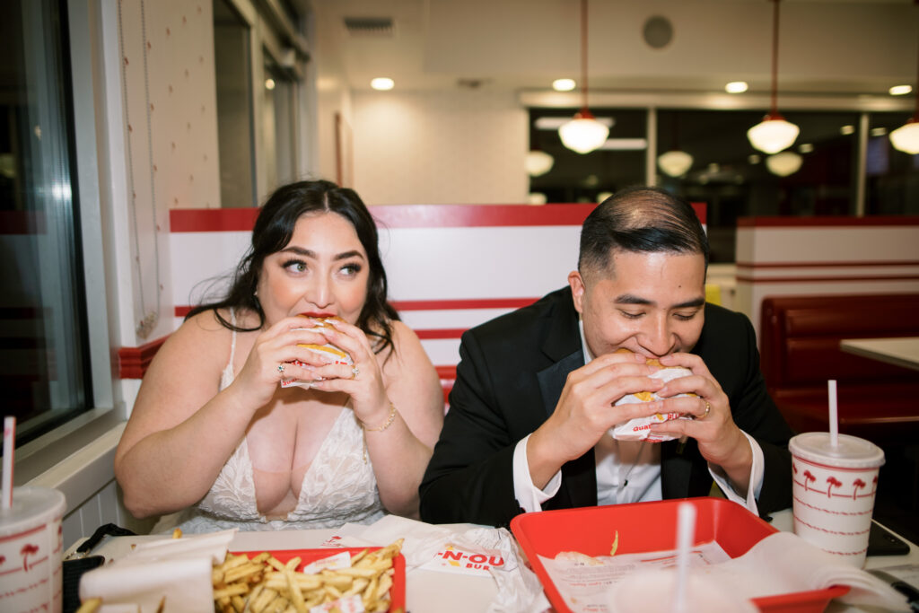 Bride and groom at In-N-Out in southern California 