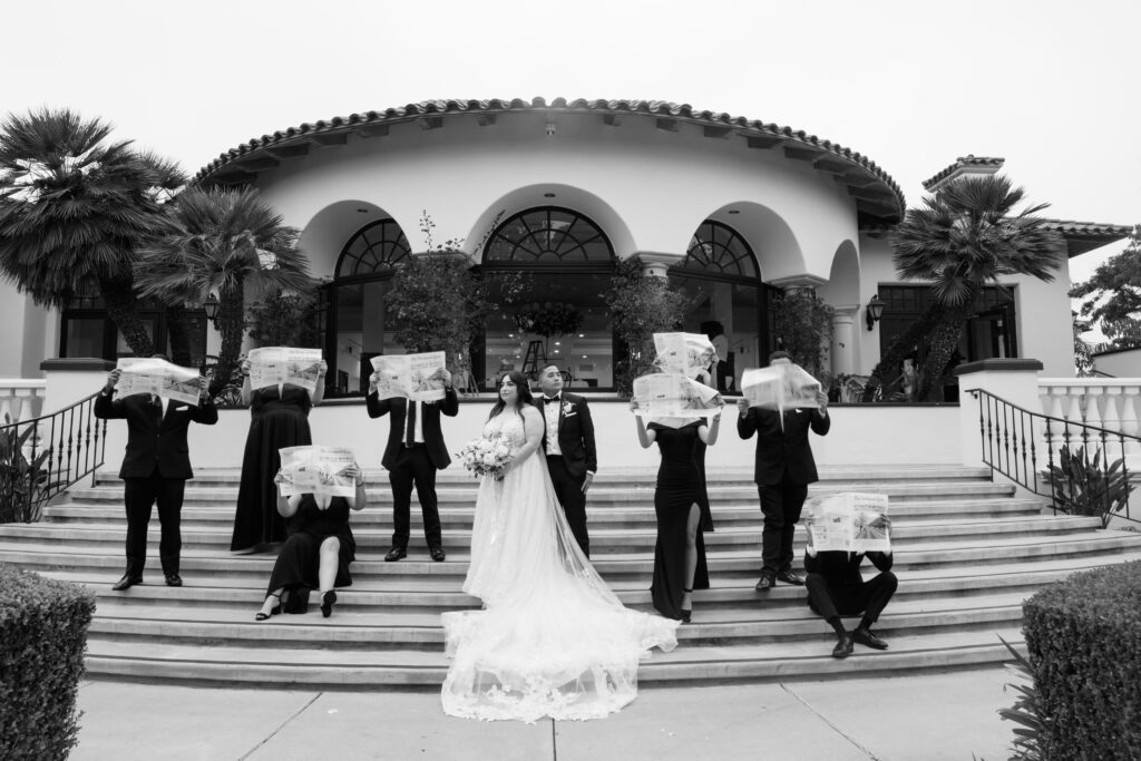 Timeless black and white bridal party photo 