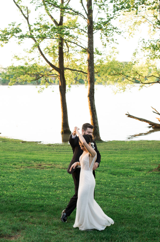 Bride and groom golden hour portraits on the back lawn at The Estate at Cherokee Dock in Nashville, Tennesse