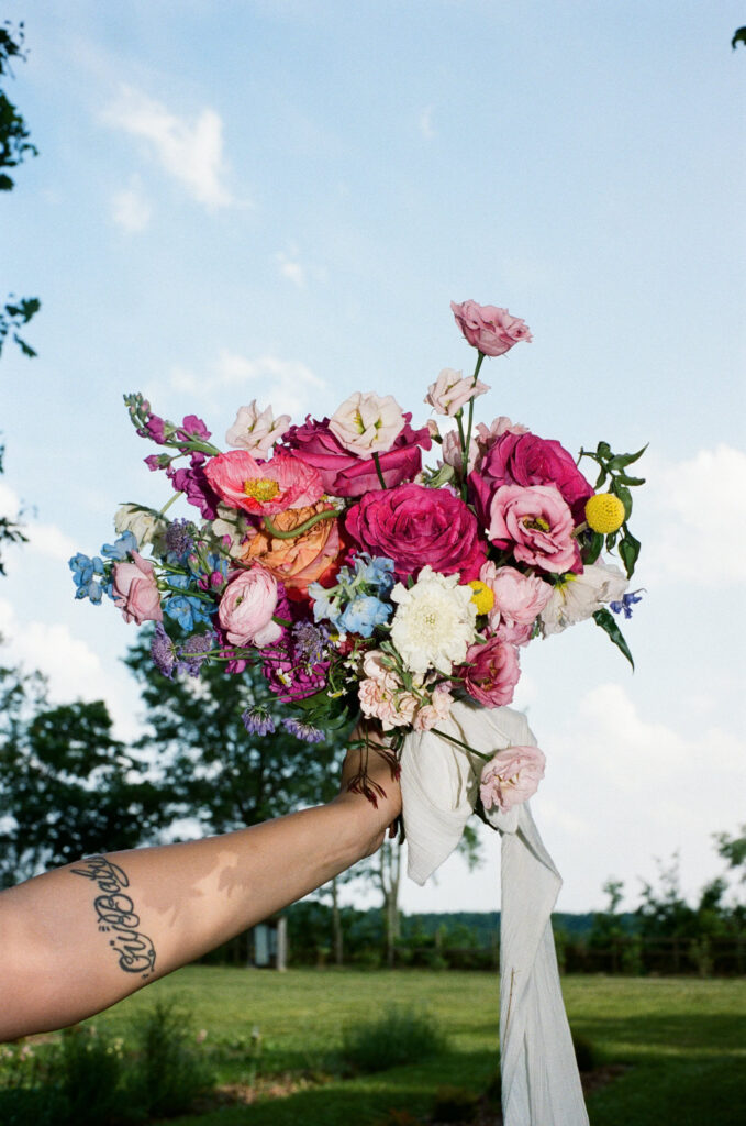 Film photo of brides bouquet during her summertime wedding in Cincinnati, Ohio