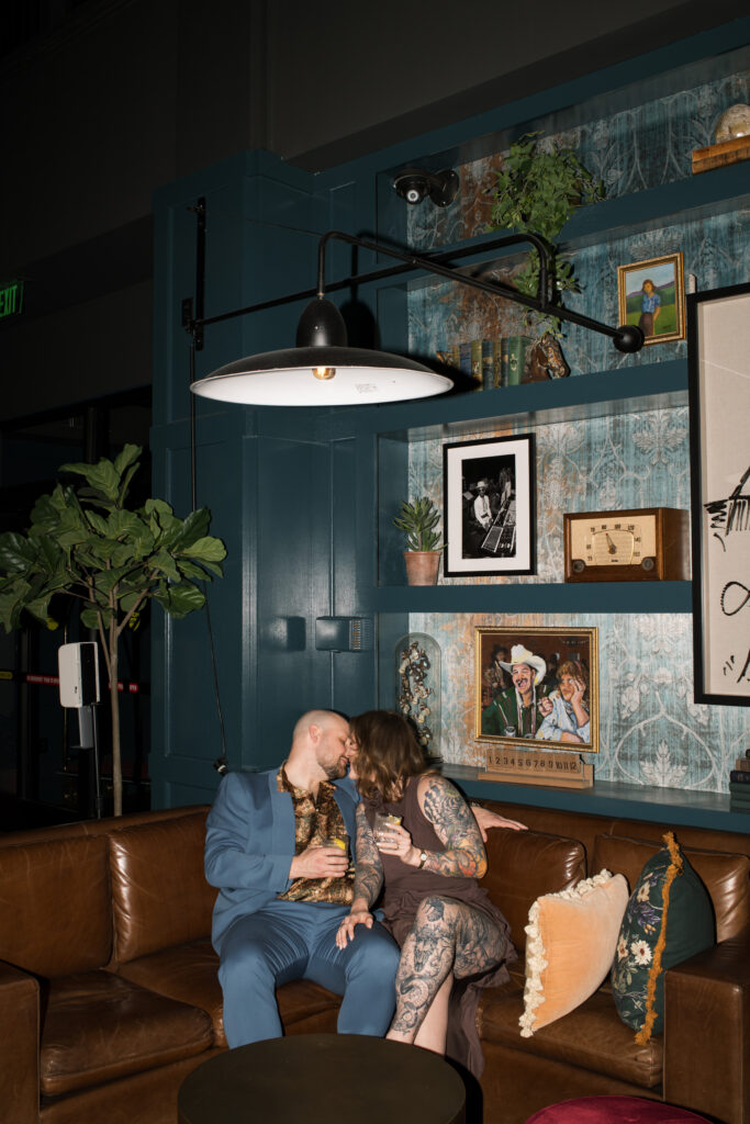 A couple kissing in the lobby at the Countrypolitan Hotel in Printer's Alley in Nashville, Tennessee