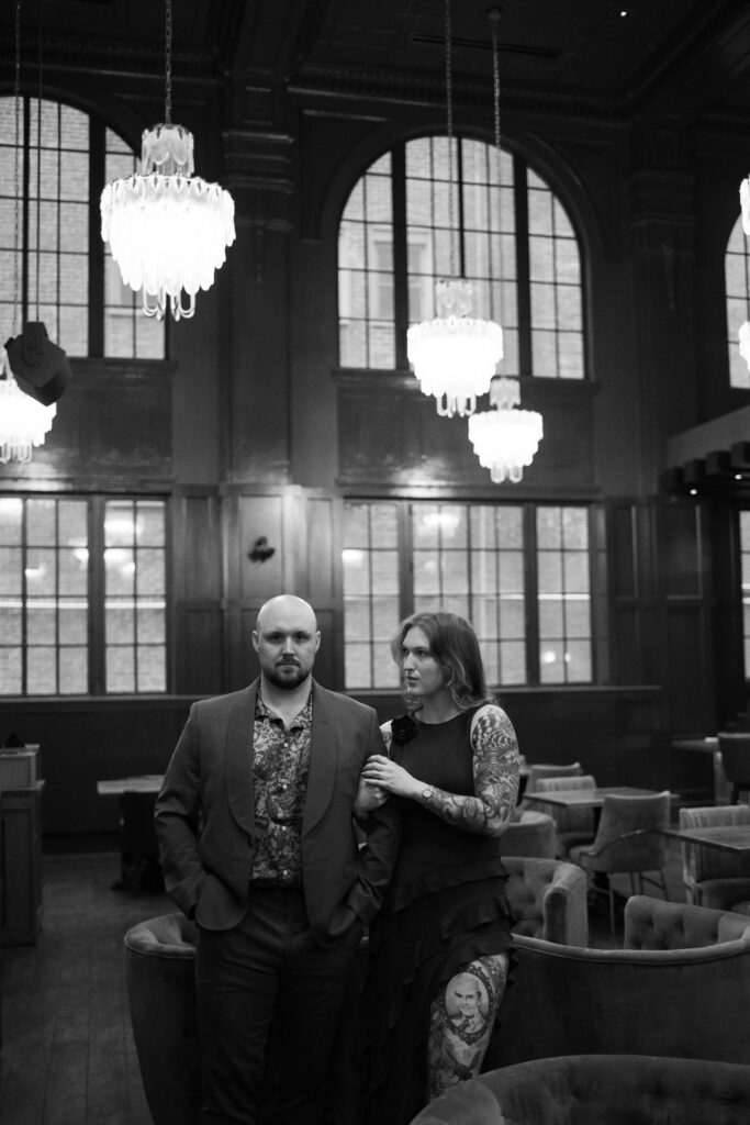 A couple posing in the lobby at the Countrypolitan Hotel in Printer's Alley in Nashville, Tennessee