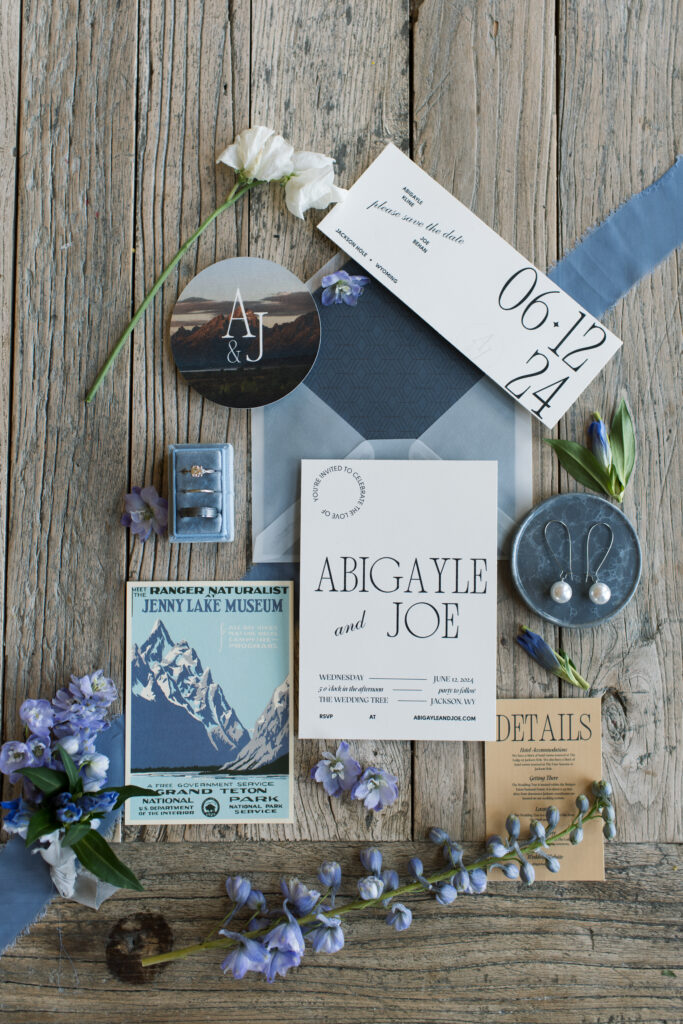 Flat down photo of an invitation suite for an elopement in Grand Teton National Park in Wyoming