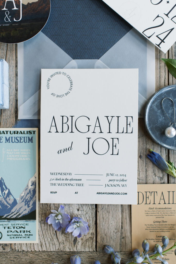 Flat down photo of an invitation suite for an elopement in Grand Teton National Park in Wyoming