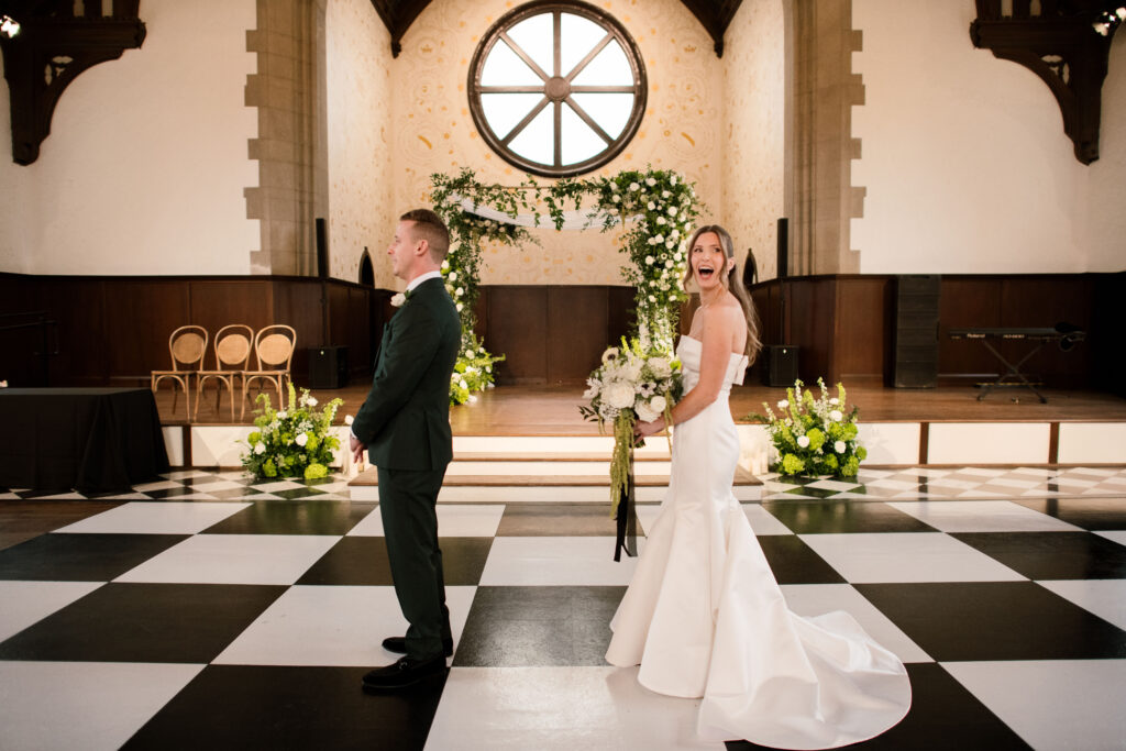 Brides first look with her groom in The Palomar in Cincinnati, Ohio