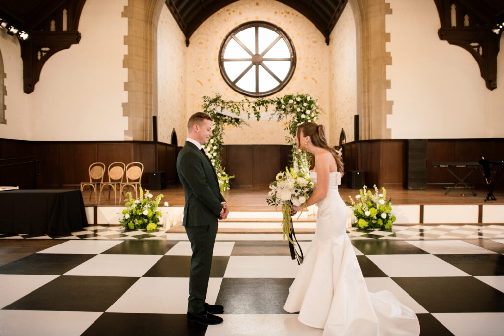 Brides first look with her groom in The Palomar in Cincinnati, Ohio