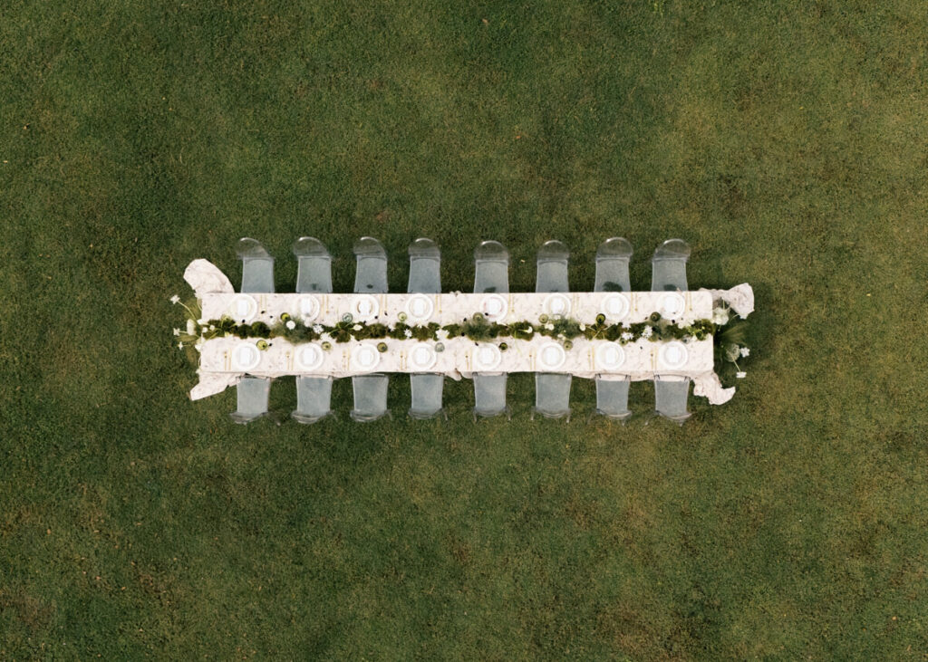 Editorial Wedding Photography drone shot of a micro wedding tablesetting