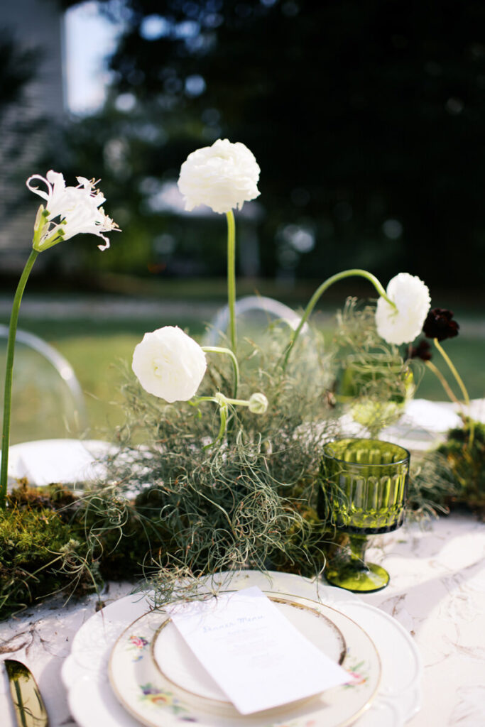 Editorial Wedding Photography of a micro wedding table setting up close florals