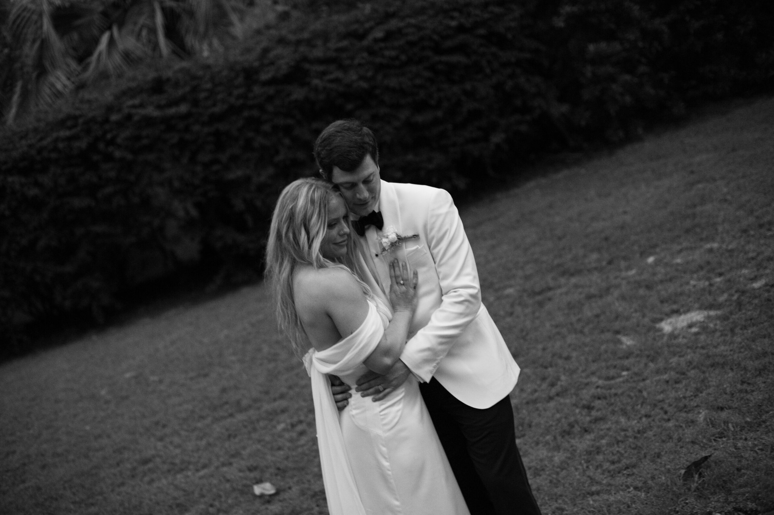 Black and white image of a couple on their intentional wedding day in Wilmington, North Carolina